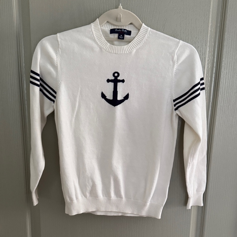 Brooks Brothers White Sweater with Navy Anchor - stripes, nautical, Fisher